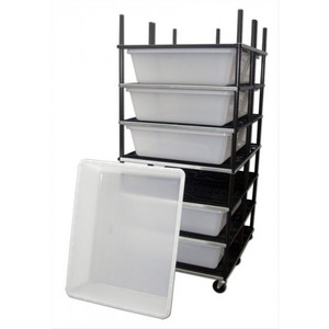 Black metal rolling rack with five tiers of white plastic bins; an empty white bin leans against the side.