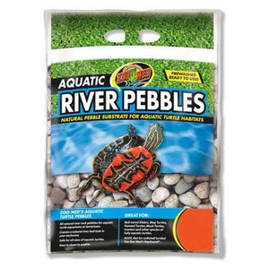 Bag of Zoo Med River Pebbles natural substrate for aquatic turtle habitats, showing a red-eared turtle on pebbles.