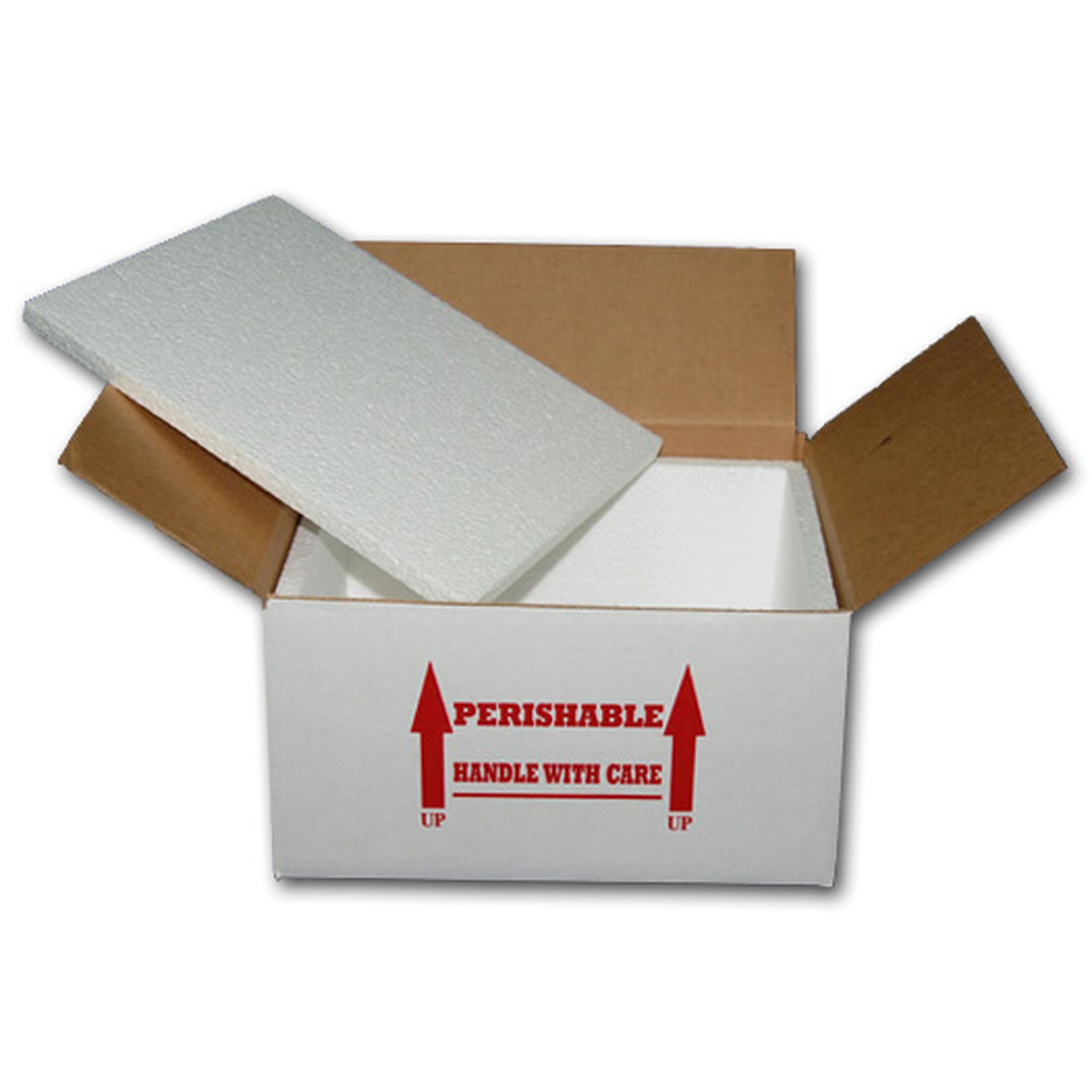Open white box with foam insert and red PERISHABLE HANDLE WITH CARE arrows pointing up.