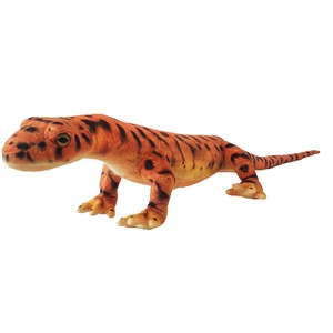 Orange striped plush dinosaur toy with black markings, standing on four legs against a white background.