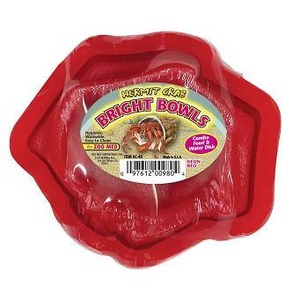 Red plastic hermit crab feeding bowls in packaging labeled “Bright Bowls.”
