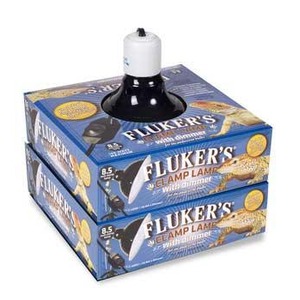 Two blue Fluker's lamp boxes stacked, with a black socket and white bulb on top.