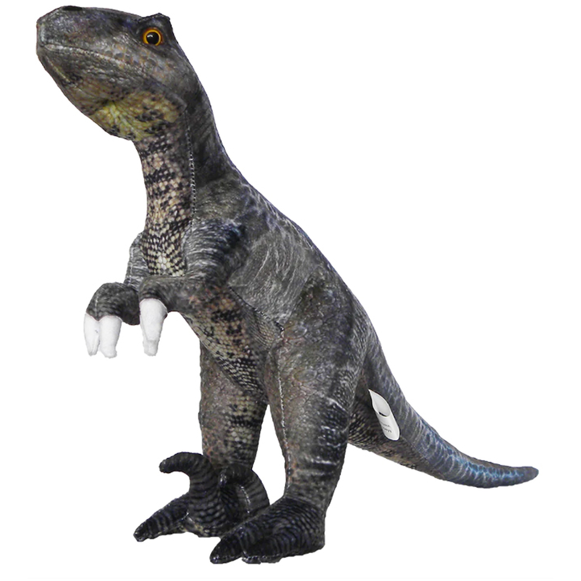 Plush gray dinosaur toy, upright theropod with orange eye, small forearms, and a long tail.