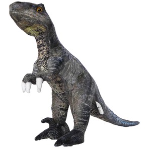 Plush gray dinosaur toy, upright theropod with orange eye, small forearms, and a long tail.