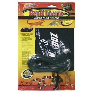 Repti Therm under-tank heater in packaging with a coiled black cord, reptile graphics, and an orange background.