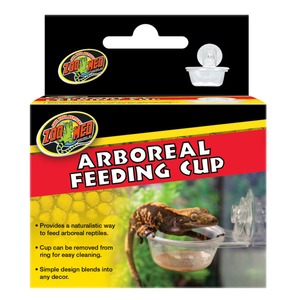 Zoo Med arboreal feeding cup packaging with a clear cup attached to a cage and a gecko image.