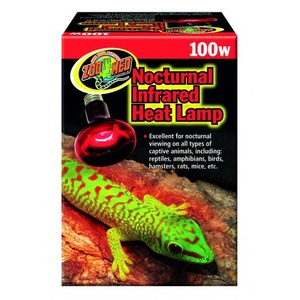 Boxed 100W Nocturnal Infrared Heat Lamp with a red bulb and a green gecko on rocks.