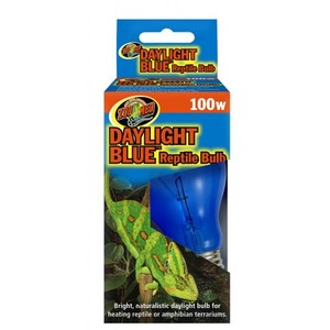 Blue 100W daylight reptile bulb in orange packaging for heating terrariums.