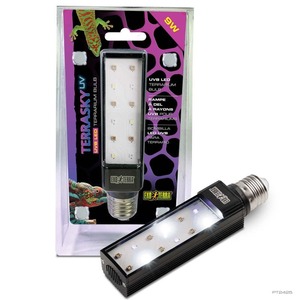 Terrarium UVB LED bulb in black housing with multiple LED chips, shown beside its packaging.