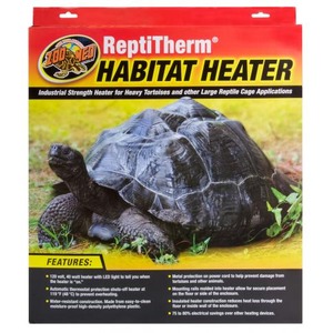 ReptiTherm Habitat Heater packaging showing a large tortoise on grass.