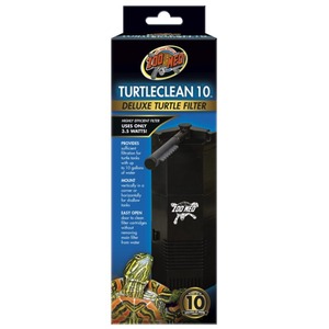 Zoo Med TurtleClean 10 Deluxe Turtle Filter in a black vertical unit on packaging with turtle images at the bottom.