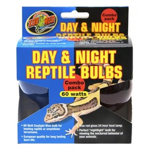 Blue box packaging for Day & Night Reptile Bulbs combo pack, 60 watts, with a lizard graphic.