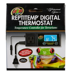 Reptitemp Digital Thermostat packaging with a digital display, plug, and a bright green red-eyed frog illustration.