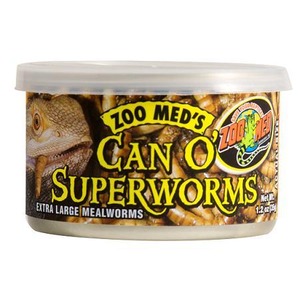 Can O' Superworms tub by Zoo Med's, label shows a lizard and mealworms.
