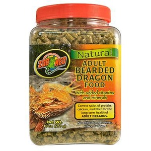 Jar of Zoo Med Natural Adult Bearded Dragon Food with bearded dragon illustration on label.