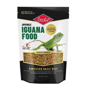 Rep-Cal Juvenile Iguana Food bag with green iguana, growth formula, real fruit fiber, fortified daily diet.