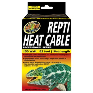 Repti Heat Cable packaging: 150W, 52 ft length; black with bold white text, logo, and a green lizard image.