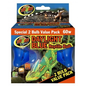 Zoo Med Daylight Blue Reptile Bulb 60W two-bulb value pack packaging featuring a lizard image.