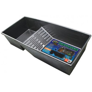 Black rectangular plastic tub with a perforated divider and a blue product label inside.
