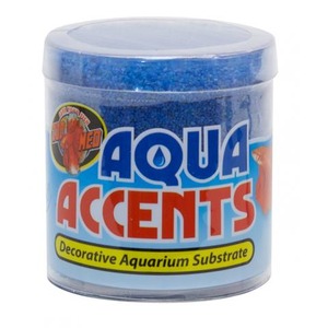 Blue glitter in a clear jar labeled Aqua Accents decorative aquarium substrate.