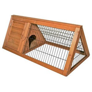 Wooden rabbit hutch with wire-mesh sides and a small enclosed den.