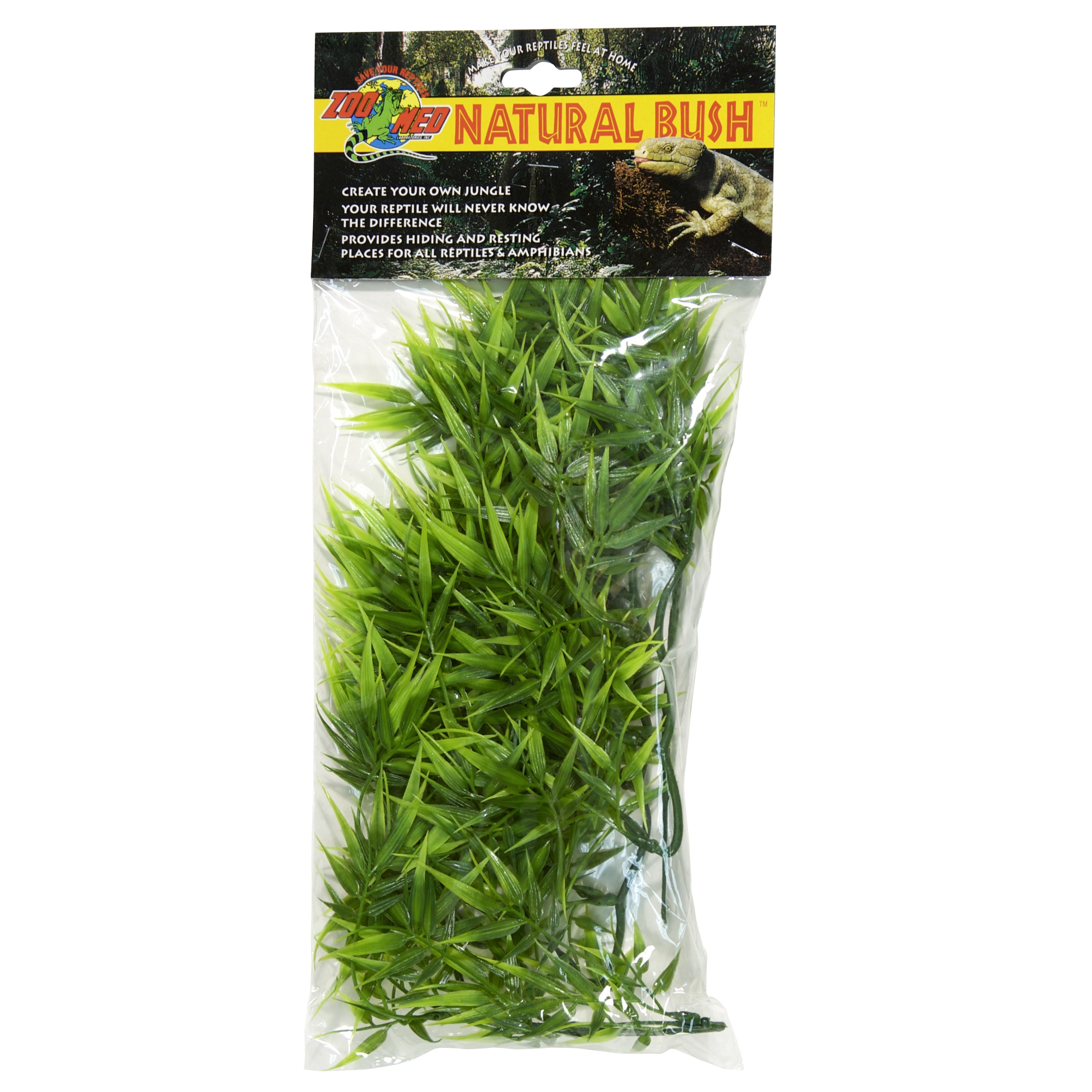 Bag of Zoo Med Natural Bush artificial reptile greenery with dense, leafy green stems.
