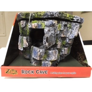 Miniature mossy blue-gray rock cave model in red Zilla Rock Cave packaging.