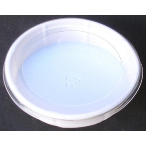 White circular contact lens case with light blue solution inside.