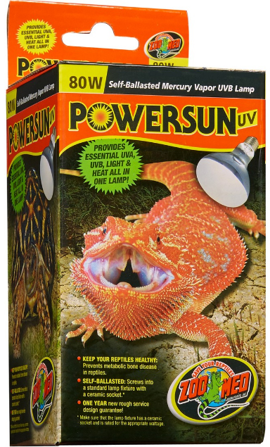 Powersun UV 80W self-ballasted reptile lamp box with a bright orange bearded dragon.