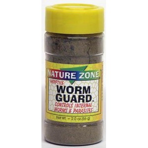 Yellow-lidded jar labeled Nature Zone Worm Guard powder for controlling internal worms and parasites.