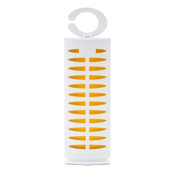 White plastic device with two vertical rows of orange curved slits and a gray circular handle above.