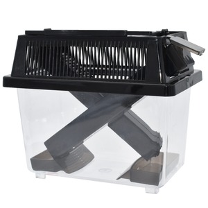 Clear plastic small animal terrarium with a black vented lid and diagonal internal ramps.