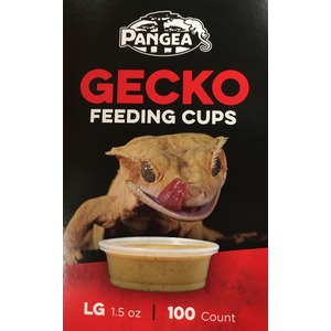 Smiling gecko with tongue out above a cup of sauce on a Pangea Gecko Feeding Cups package.