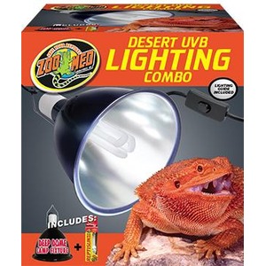 Bearded dragon beside a large UVB lighting lamp in a red Desert UVB Lighting Combo box.
