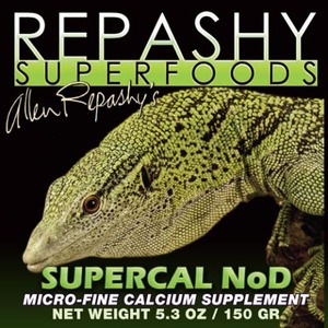 Repashy Superfoods cover with a green lizard and the SUPERCAL Nod micro-fine calcium supplement label, 5.3 oz.