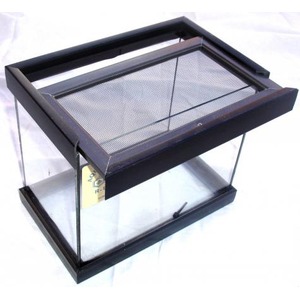 Rectangular glass aquarium with black frame and mesh-covered lid, empty.