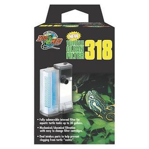 Canister aquarium filter with blue intake, boxed against a turtle image and a prominent “318” label.