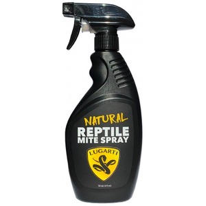 Black spray bottle labeled "Natural Reptile Mite Spray" with Lugarti logo and yellow crest.