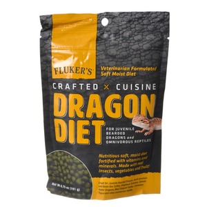 Dark textured bag of Fluker’s Dragon Diet reptile food for juvenile bearded dragons and omnivorous reptiles.