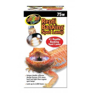 Packaging for Zoo Med Repti Basking Spot Lamp 75W, featuring a bearded dragon and a red badge claiming #1 reptile basking spot lamp.