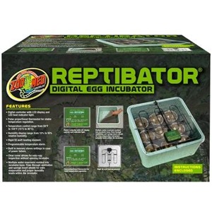 Reptibator digital egg incubator box with open lid and a tray of eggs.