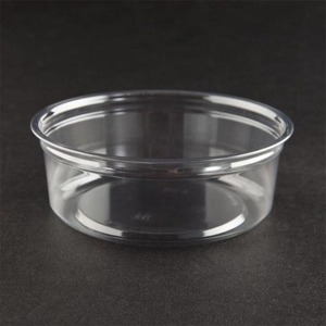 Clear glass shallow round dish with a wide rim on a dark surface.