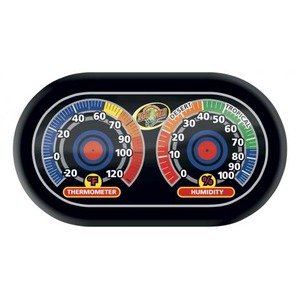 Oval dashboard with two circular gauges: left thermometer scale, right humidity scale, labeled Thermometer and Humidity.