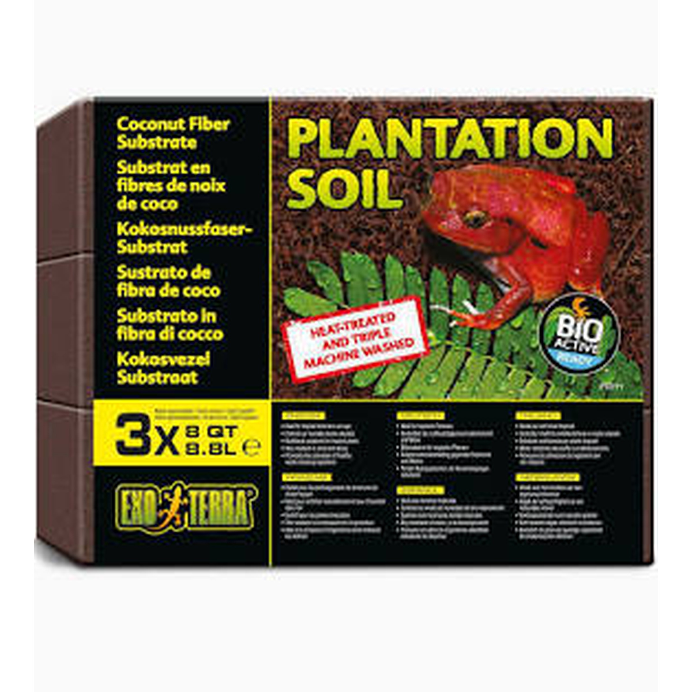 Plantation Soil substrate box with red gecko graphic and coconut fiber multilingual labels.
