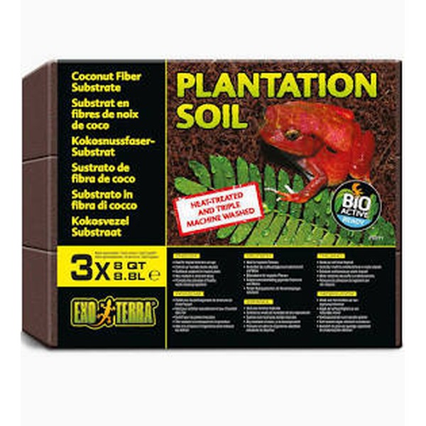 Plantation Soil substrate box with red gecko graphic and coconut fiber multilingual labels.