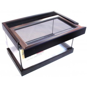 Wooden rectangular display case with metal mesh tray and a hinged mesh lid.