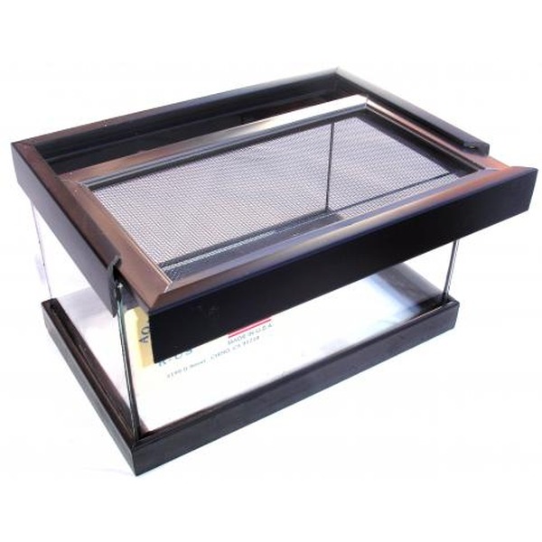 Wooden rectangular display case with metal mesh tray and a hinged mesh lid.