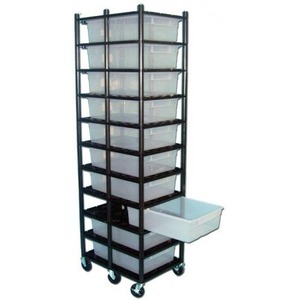 Tall black metal storage rack on wheels with stacked transparent plastic bins, one bin pulled out.