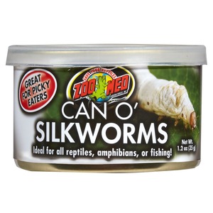 Zoo Med Can O’ SilkWorms reptile food can with worm illustration and “Great for picky eaters” badge.