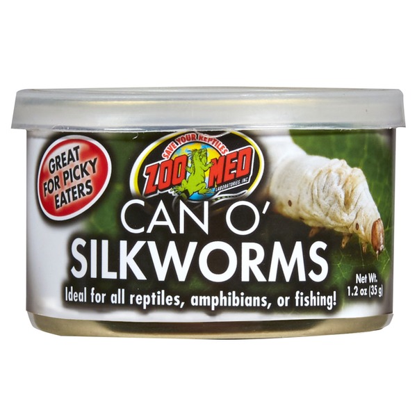 Zoo Med Can O’ SilkWorms reptile food can with worm illustration and “Great for picky eaters” badge.